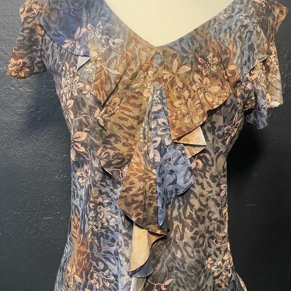 Dressbarn Women's Size S Sheer Floral Cheetah Print Ruffle Blouse Top - Picture 3 of 6
